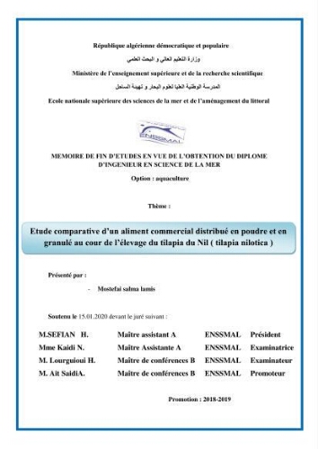 Etude comparative d'un aliment commercial distribué en poudre et en granulé au cour de l'élevage du tilapia du Nil ( tilapia nilotica): Etude comparative d'un aliment commercial distribué en poudre et en granulé au cour de l'élevage du tilapia du Nil ( tilapia nilotica):