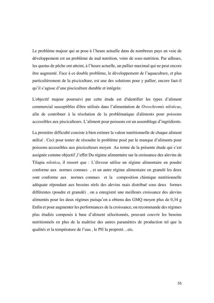 Etude comparative d\'un aliment commercial distribué en poudre et en granulé au cour de l\'élevage du tilapia du Nil ( tilapia nilotica):