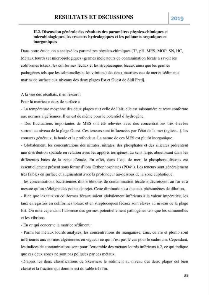 Etude des paramètres d’évaluation des matrices eau et sédiments des plages Est et Ouest de Sidi-Fredj:
