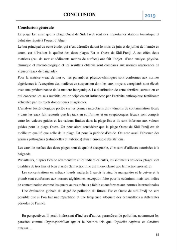 Etude des paramètres d’évaluation des matrices eau et sédiments des plages Est et Ouest de Sidi-Fredj: