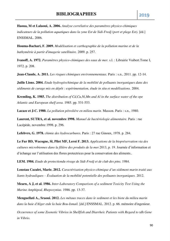 Etude des paramètres d’évaluation des matrices eau et sédiments des plages Est et Ouest de Sidi-Fredj: