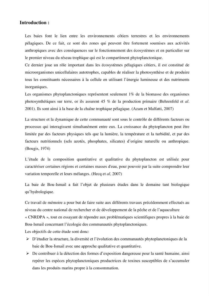 Dynamique et diversité du peuplement phytoplanctonique de la baie de Bou-Ismail.