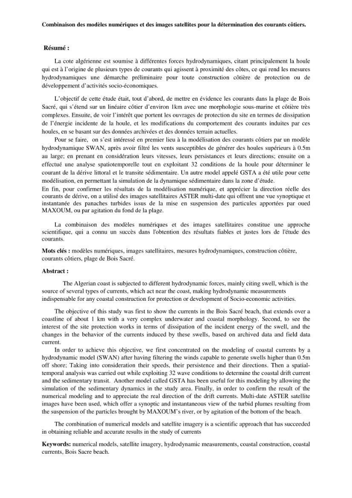 Combinaison des modèles numériques et des images satéllites pour la détermination des courants côtiers.: