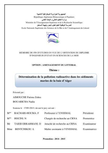 Détermination de la pollution radioactive dans les sédiments marins de la baie d'Alger Détermination de la pollution radioactive dans les sédiments marins de la baie d'Alger