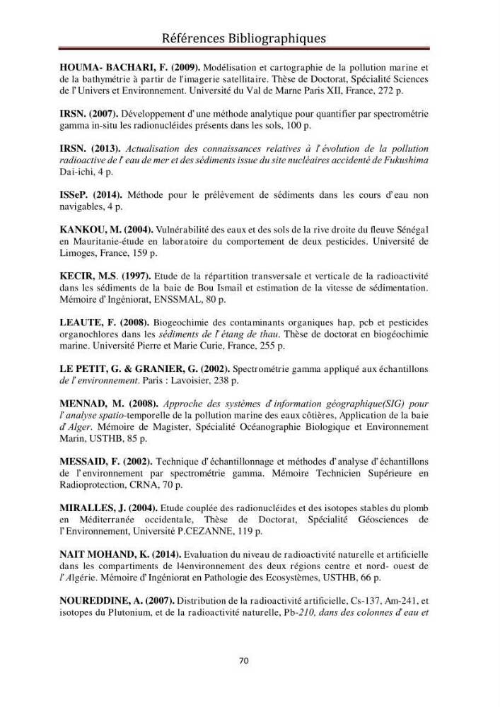 Détermination de la pollution radioactive dans les sédiments marins de la baie d\'Alger