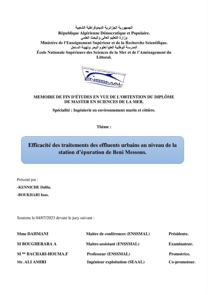 Efficacité des traitements des effluents urbains au niveau de la station d’épuration de Beni Messous