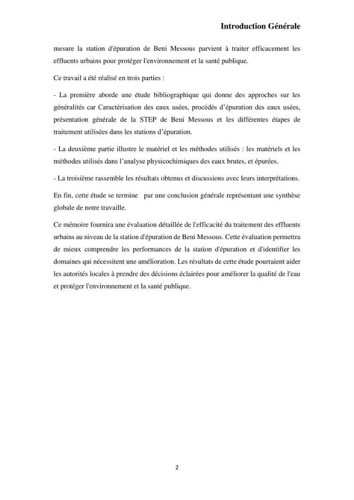 Efficacité des traitements des effluents urbains au niveau de la station d’épuration de Beni Messous