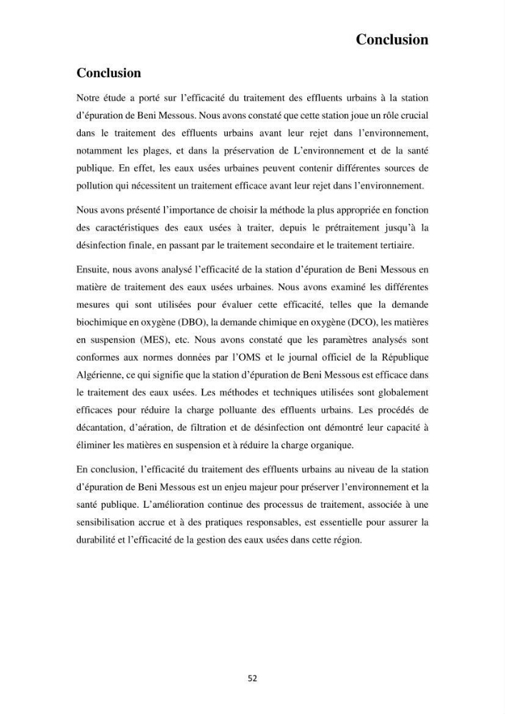 Efficacité des traitements des effluents urbains au niveau de la station d’épuration de Beni Messous