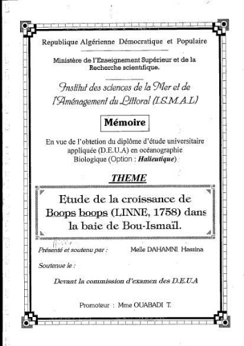 Etude de la croissance de Boops boops (Linné, 1758) dans la baie de Bou- Ismaïl Etude de la croissance de Boops boops (Linné, 1758) dans la baie de Bou- Ismaïl