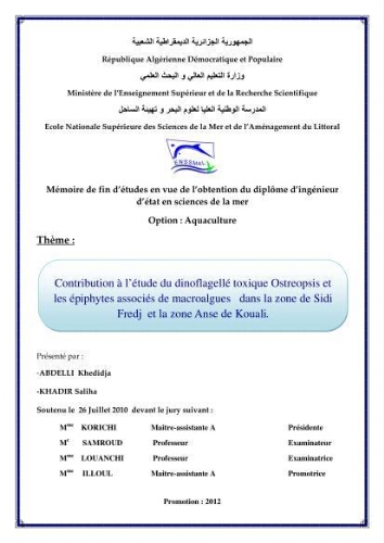 Contribution à l'étude du dinoflagellé toxique Ostreopsis et les épiphytes associés de macroalgues dans la zone de Sidi Fredj et la zone Anse de Kouali: Contribution à l'étude du dinoflagellé toxique Ostreopsis et les épiphytes associés de macroalgues dans la zone de Sidi Fredj et la zone Anse de Kouali: