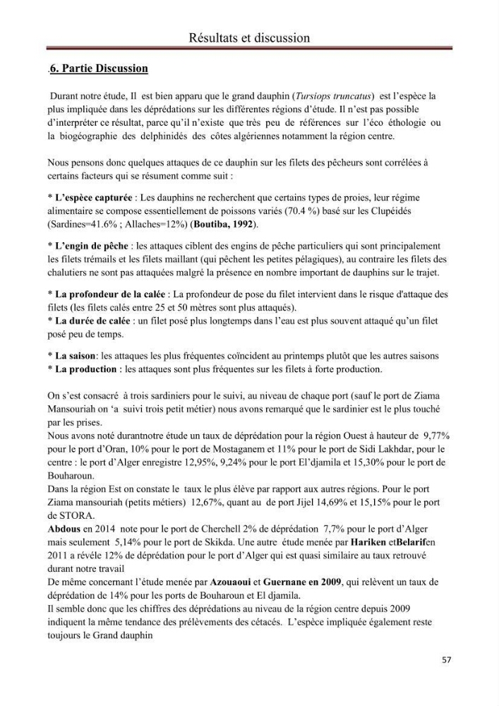 Contribution à l\'étude de la déprédation des petits delphinidés sur la pêche et interaction pêcherie-cétacés le long de la côte Algerienne: