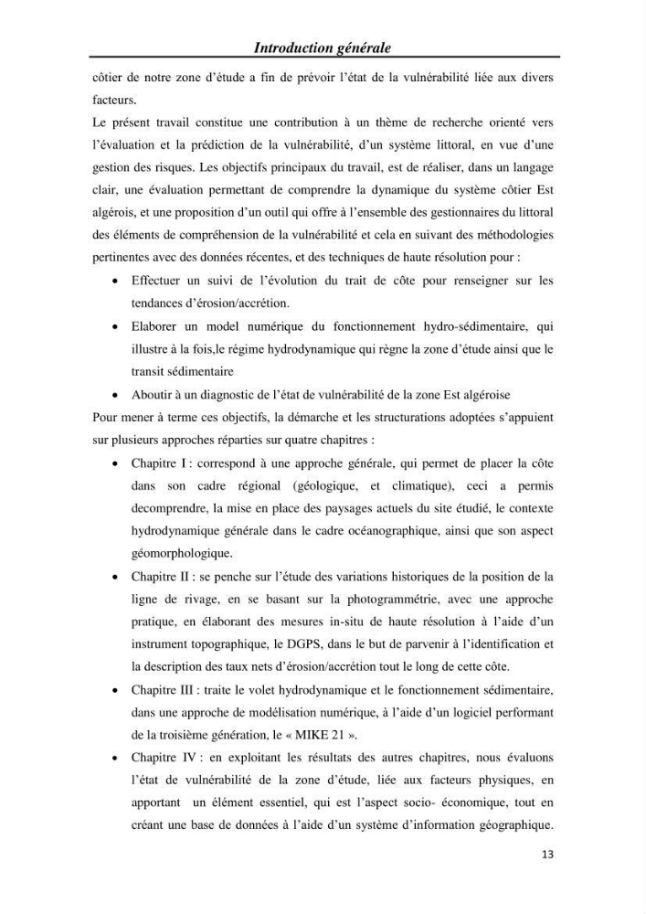 Etude et évaluation de l\'état de la vulnérabilité du système côtier de la zone Est-Algéroise