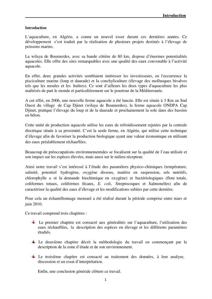 Caractérisation physico-chimique et bactériologique des eaux de la ferme d\'élevage de poissons marins ONDPA Cap Djinet (Wilaya de Boumerdes):