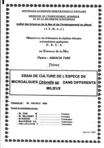Essai de culture de l'espèce de microalgues Chlorella sp. dans différents milieux Essai de culture de l'espèce de microalgues Chlorella sp. dans différents milieux