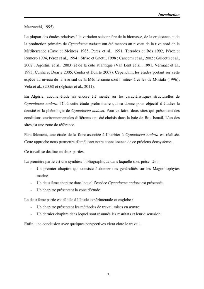 Etude des caractéristiques structurelles de Cymodocea nodosa (Ucria) Ascherson (1870) dans la baie de Bou Ismaïl
