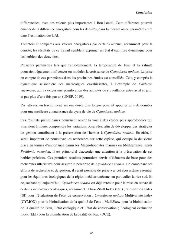 Etude des caractéristiques structurelles de Cymodocea nodosa (Ucria) Ascherson (1870) dans la baie de Bou Ismaïl