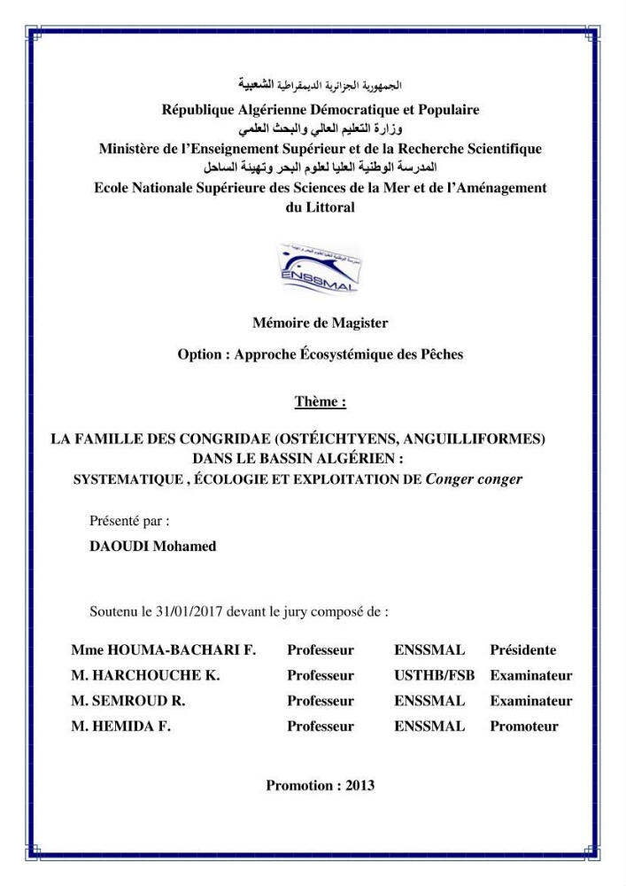 La famille des congridae ( Ostéichtyens, Anguilliformes) dans le bassin algérien: systématique, écologie et exploitation de Conger conger