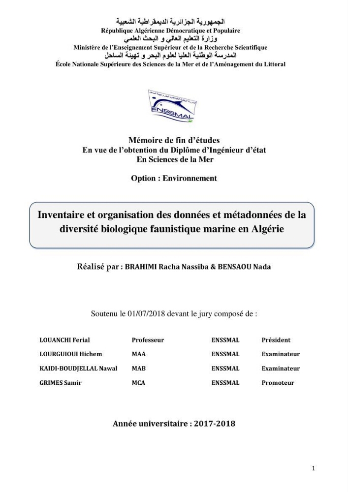 Inventaire et organisation des données et métadonnées de la diversité biologique faunistique marine en Algérie.: