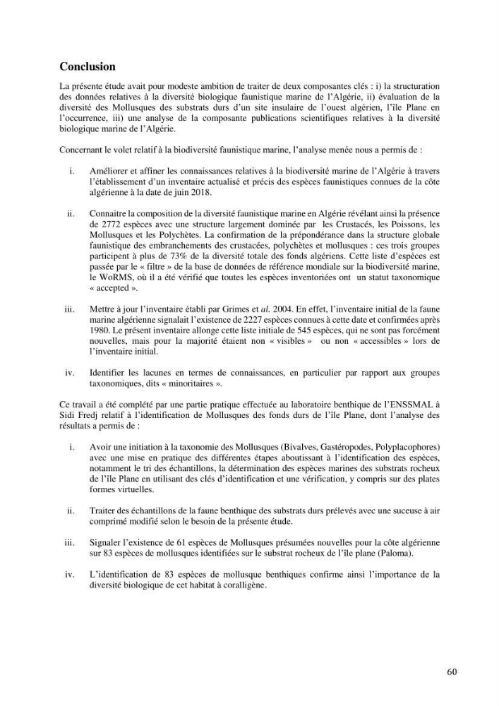 Inventaire et organisation des données et métadonnées de la diversité biologique faunistique marine en Algérie.: