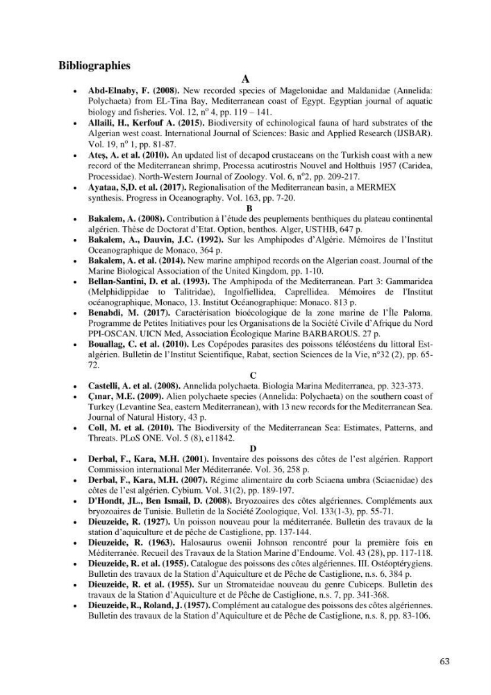 Inventaire et organisation des données et métadonnées de la diversité biologique faunistique marine en Algérie.: