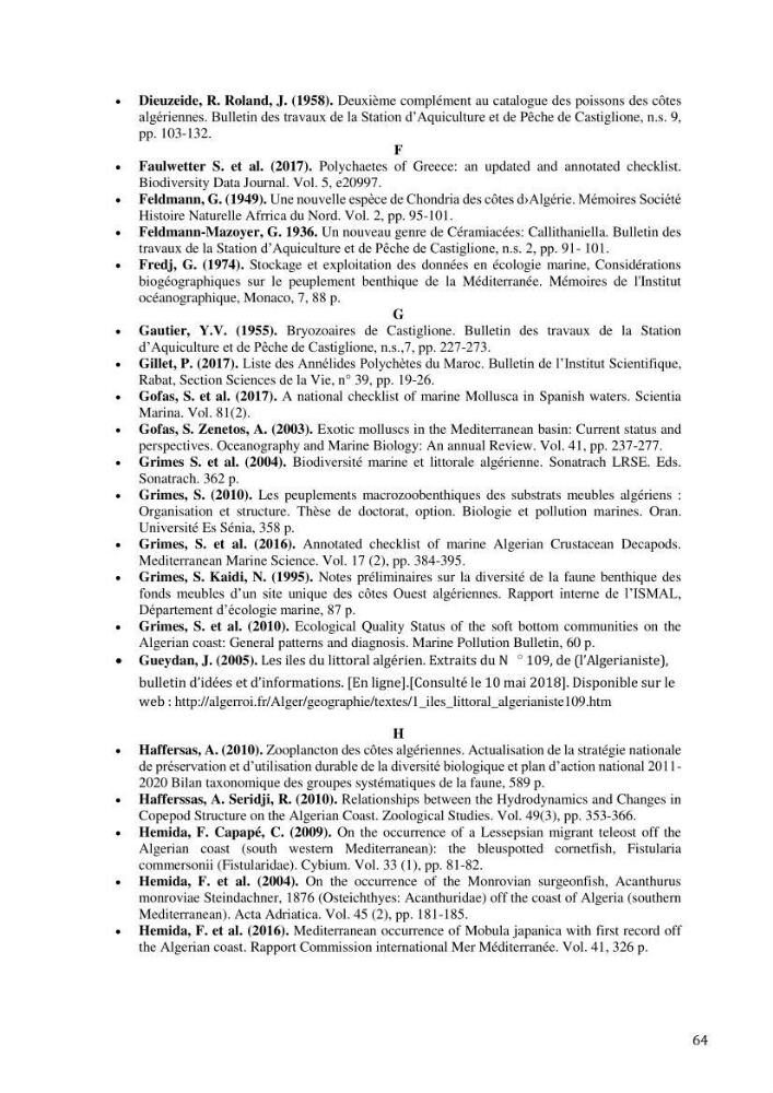 Inventaire et organisation des données et métadonnées de la diversité biologique faunistique marine en Algérie.: