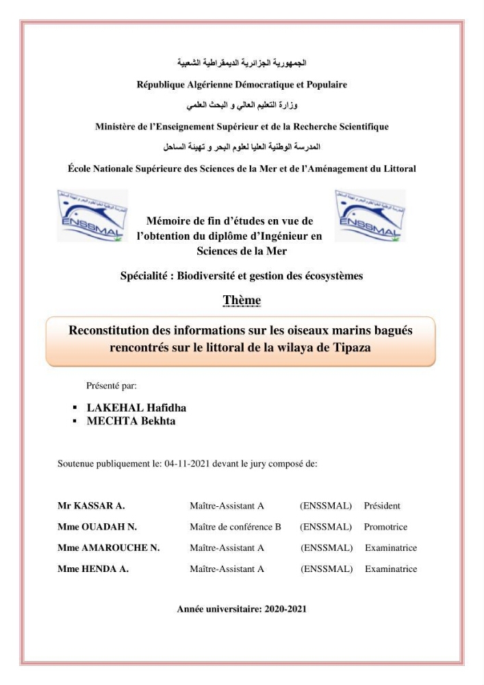 Reconstitution des informations sur les oiseaux marins bagués rencontrés sur le littoral de la wilaya de Tipaza
