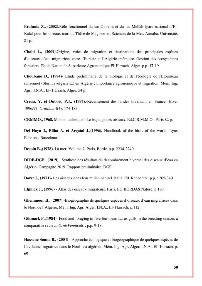 Reconstitution des informations sur les oiseaux marins bagués rencontrés sur le littoral de la wilaya de Tipaza