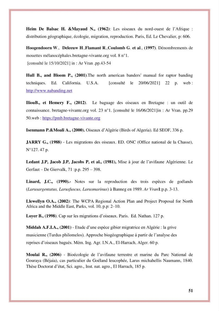 Reconstitution des informations sur les oiseaux marins bagués rencontrés sur le littoral de la wilaya de Tipaza