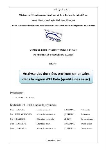 Analyse de données environnementales dans la région d'El Kala (qualité des eaux) Analyse de données environnementales dans la région d'El Kala (qualité des eaux)