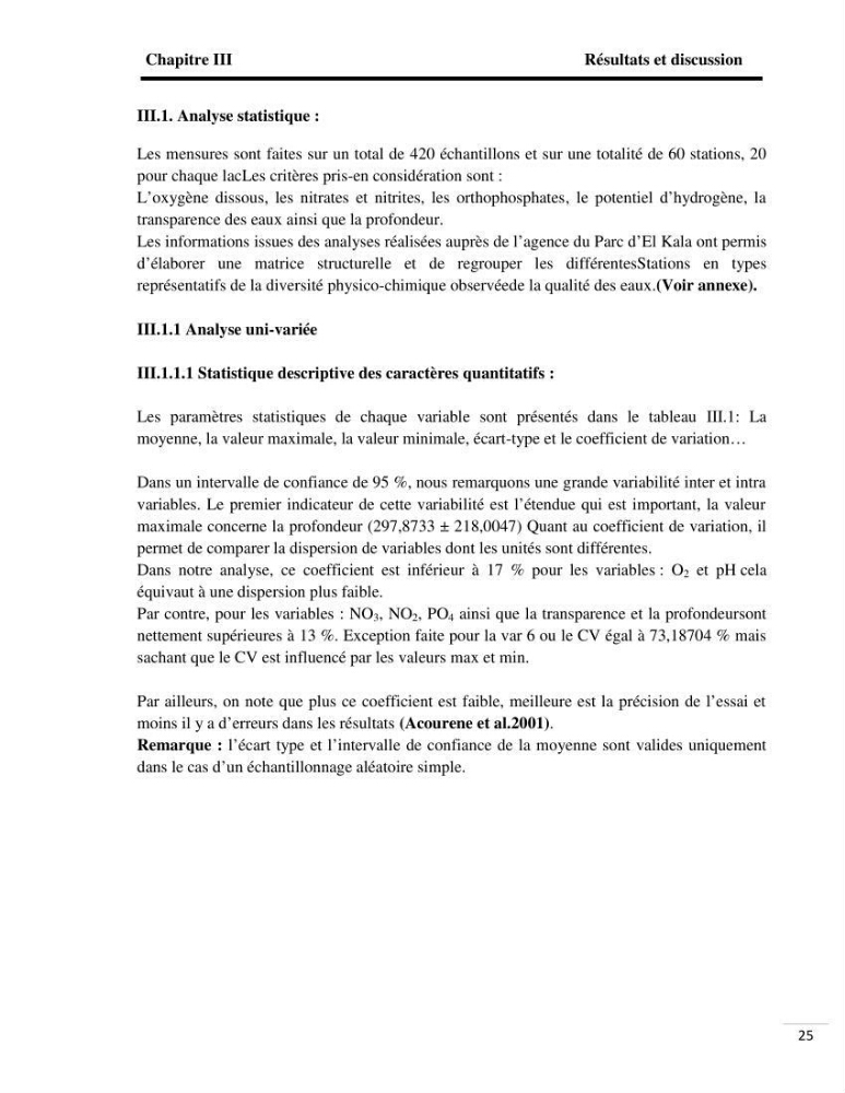 Analyse de données environnementales dans la région d\'El Kala (qualité des eaux)
