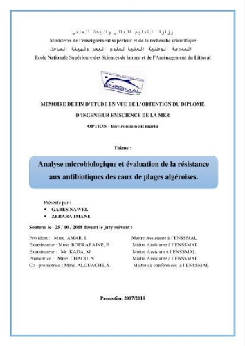 Analyse microbiologique et évaluation de la résistance aux antibiotiques des eaux de plages algéroises.: Analyse microbiologique et évaluation de la résistance aux antibiotiques des eaux de plages algéroises.: