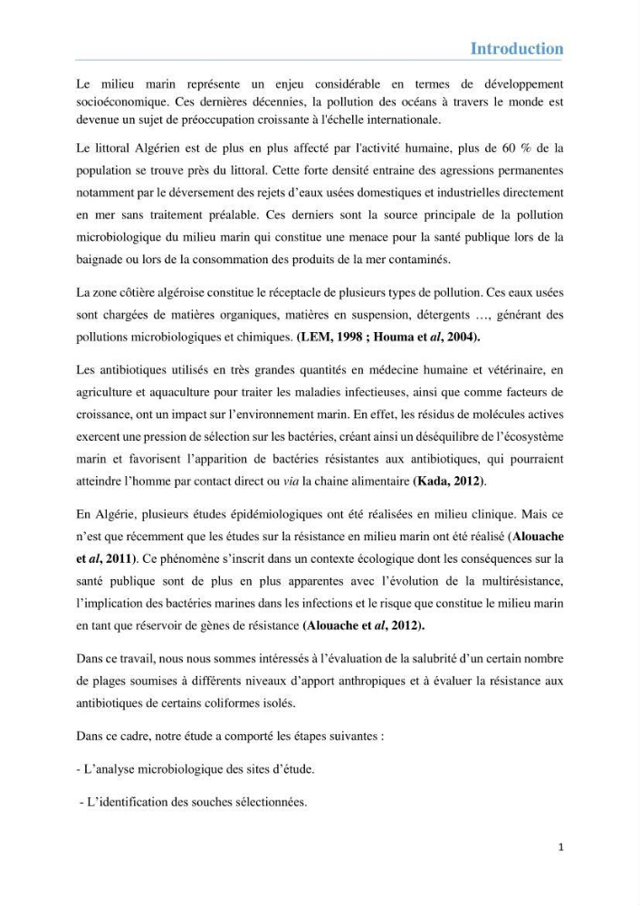 Analyse microbiologique et évaluation de la résistance aux antibiotiques des eaux de plages algéroises.:
