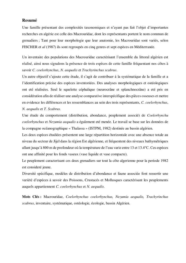 Contribution à l’étude de la famille des Macrouridae (Actinopterygii Gadiformes) dans le bassin algérien: systématique et écologie.