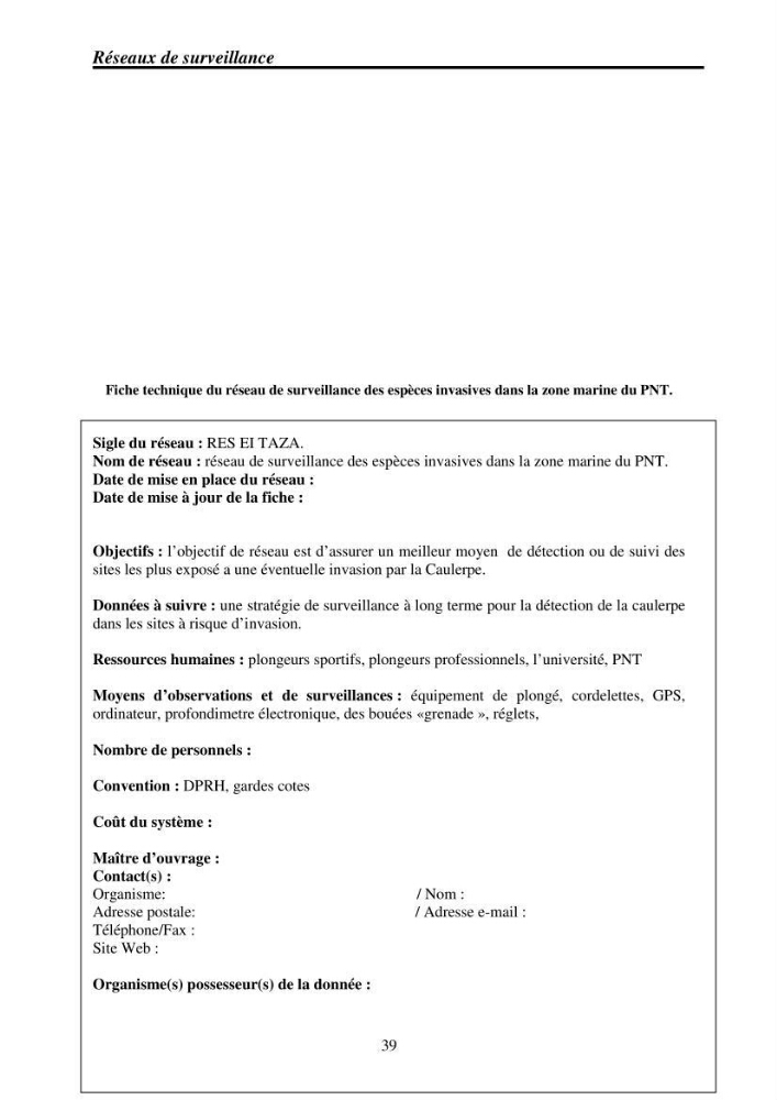 Mise en place de réseaux de surveillance environnementaux de la zone marine côtière de Taza ( wilaya de Jijel)
