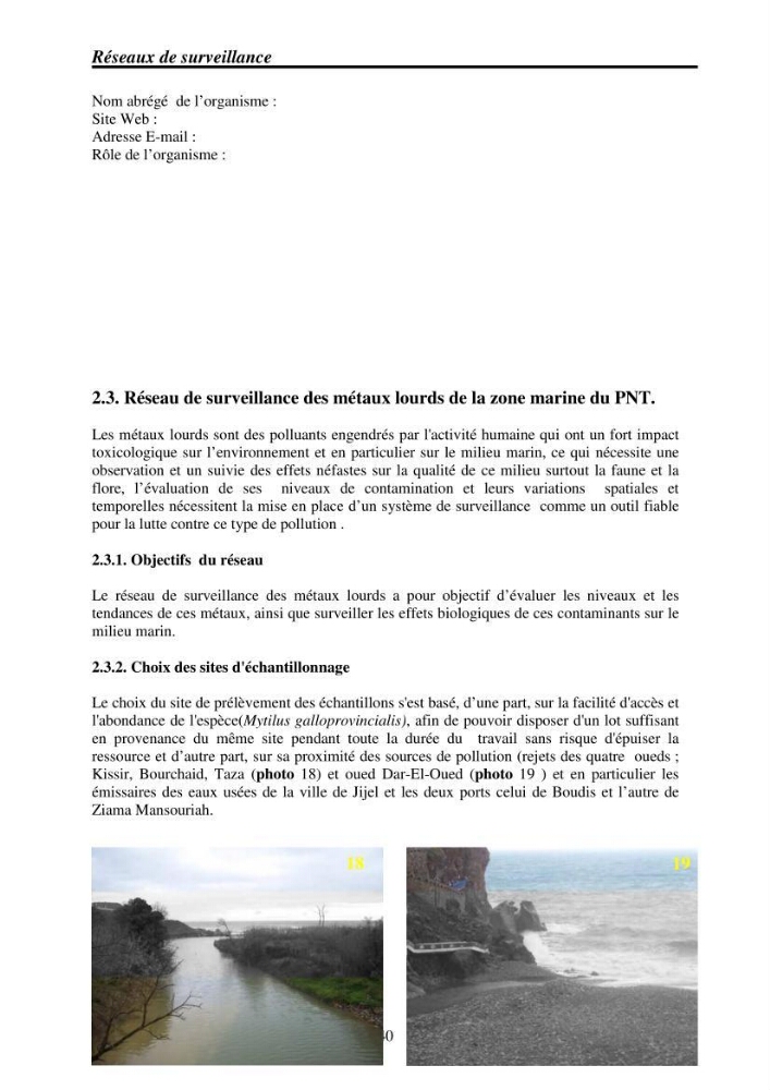 Mise en place de réseaux de surveillance environnementaux de la zone marine côtière de Taza ( wilaya de Jijel)