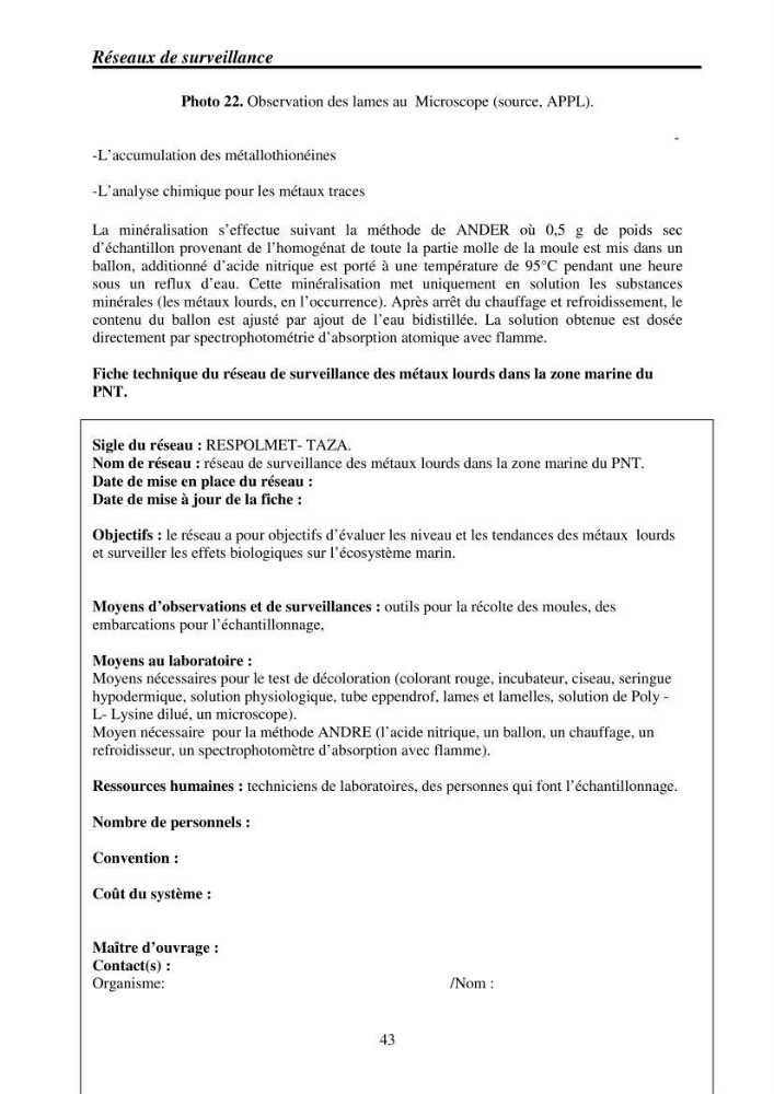 Mise en place de réseaux de surveillance environnementaux de la zone marine côtière de Taza ( wilaya de Jijel)
