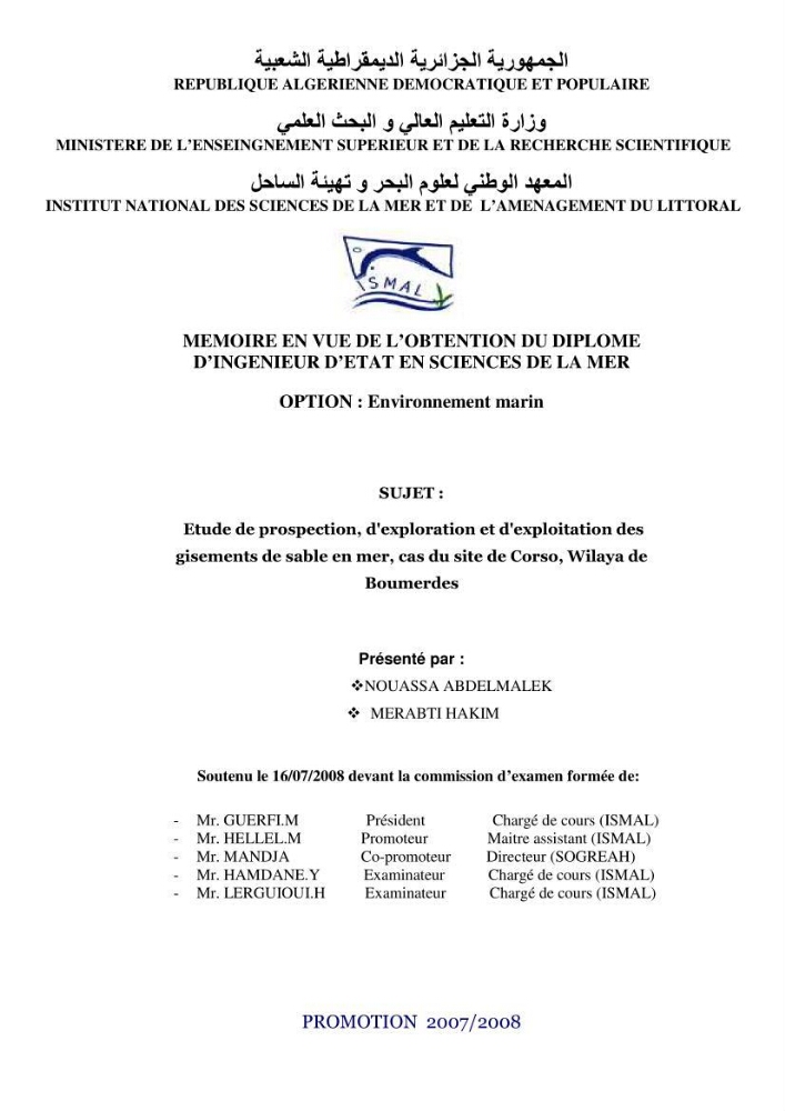 Etude de prospection d\'exploration et d\'exploitation des gisements de sable en mer: cas du site de Corso, wilaya de Boumerdes