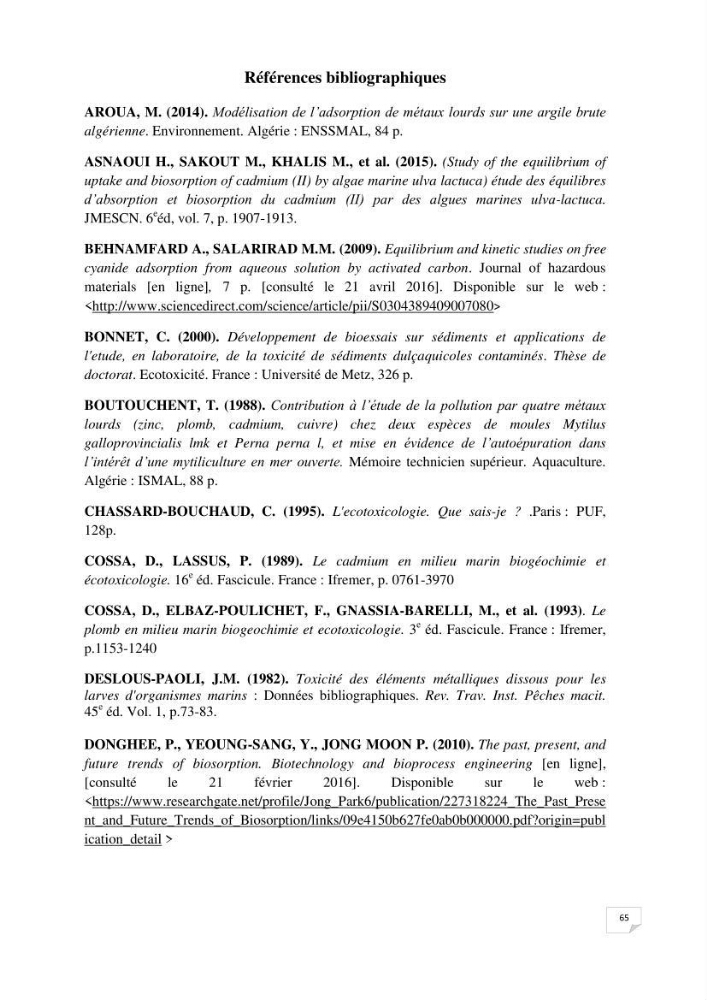 Etude de la biosorption des éléments traces métaliques (Pb2+,Cd2+,et Zn2+) sur une biomasse marine