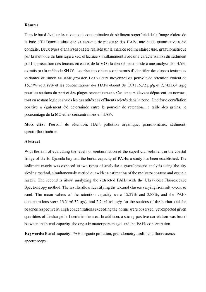 Evaluation du pouvoir de rétention des hydrocarbures aromatiques polycycliques dans la matrice sédimentaire de la baie d’El Djamila