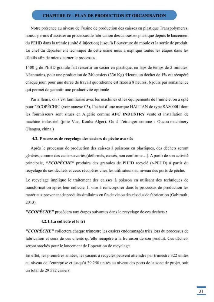 Recyclage et valorisation des déchets thermoplastiques entreprise de fabrication de caisse a poisson en polyethylene haute densité ( PEHD)