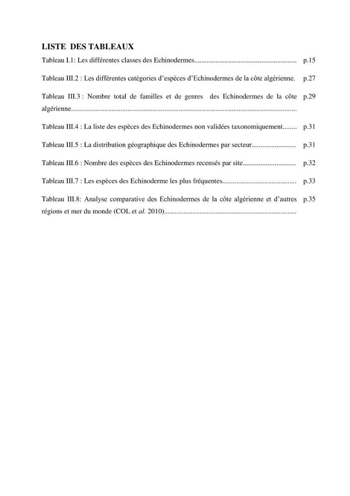 Inventaire et systematique des echinodermes de la côte Algérienne