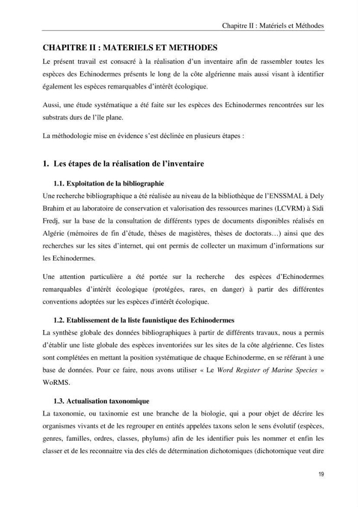 Inventaire et systematique des echinodermes de la côte Algérienne