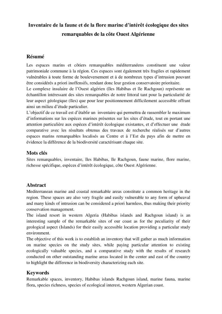 inventaire de la faune et de la flore marine d\'intérêt écologique des sites remarquables de la côte Ouest Algérienne