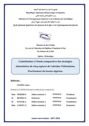 Contribution à l’étude comparative des stratégies alimentaires de cinq espèces de Labridae (Téléostéens, Perciformes) du bassin algérien.: Contribution à l’étude comparative des stratégies alimentaires de cinq espèces de Labridae (Téléostéens, Perciformes) du bassin algérien.: