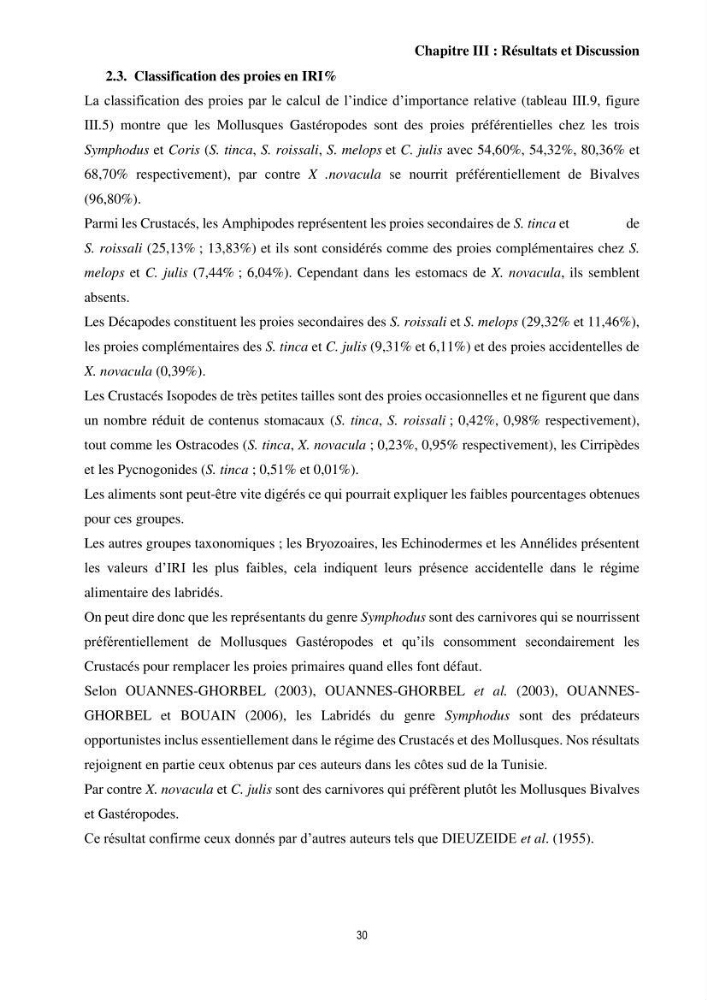 Contribution à l’étude comparative des stratégies alimentaires de cinq espèces de Labridae (Téléostéens, Perciformes) du bassin algérien.:
