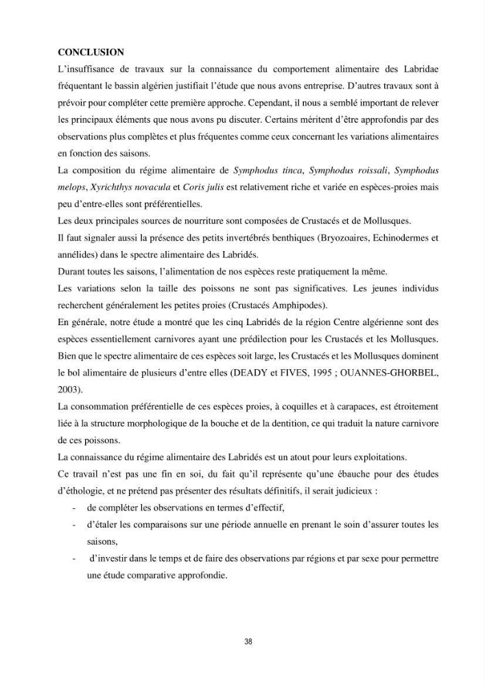 Contribution à l’étude comparative des stratégies alimentaires de cinq espèces de Labridae (Téléostéens, Perciformes) du bassin algérien.: