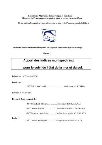 Apport des indices multispectraux pour le suivi de l'état de la mer et du sol: Apport des indices multispectraux pour le suivi de l'état de la mer et du sol: