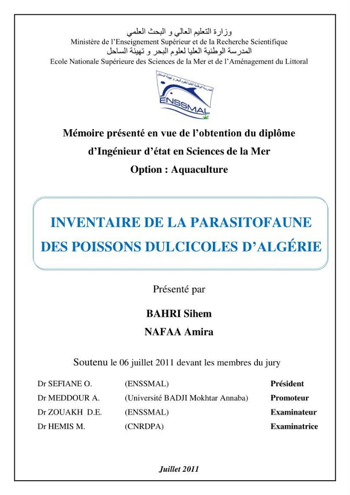 Inventaire de la parasitofaune des poissons dulcicoles d\'Algérie: