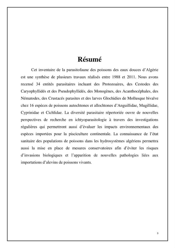 Inventaire de la parasitofaune des poissons dulcicoles d\'Algérie: