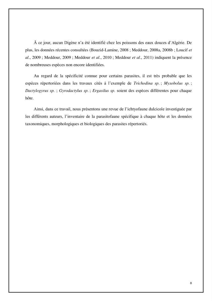 Inventaire de la parasitofaune des poissons dulcicoles d\'Algérie: